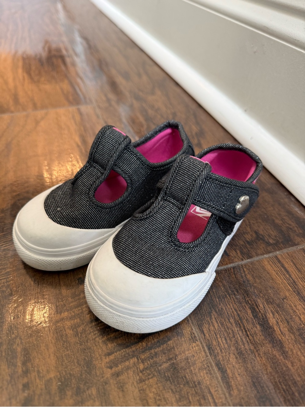 Vans Toddler Black Canvas Mary Jane Sneakers with Pink Lining